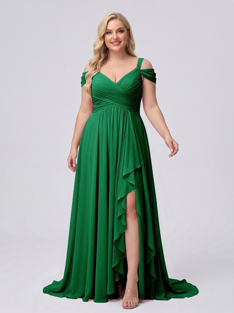 A-Line/Princess V-Neck Split Side Floor-Length Chiffon Plus Size Bridesmaid Dresses With Ruffles Green