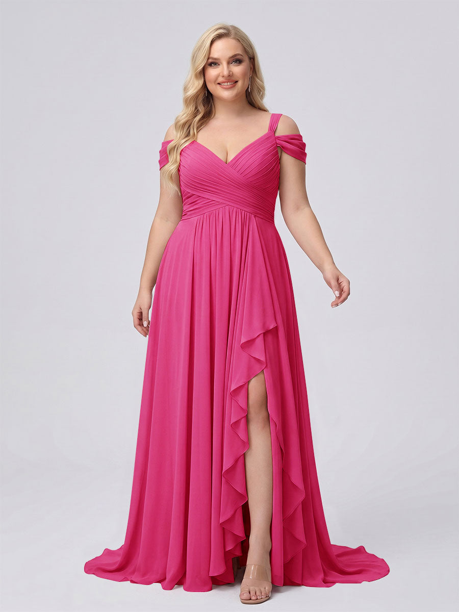 A-Line/Princess V-Neck Split Side Floor-Length Chiffon Plus Size Bridesmaid Dresses With Ruffles Hot Pink