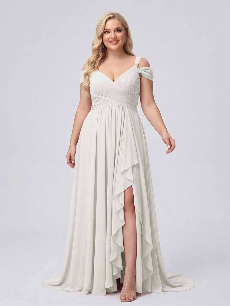 A-Line/Princess V-Neck Split Side Floor-Length Chiffon Plus Size Bridesmaid Dresses With Ruffles Ivory