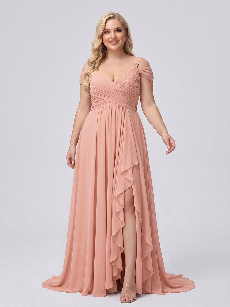 A-Line/Princess V-Neck Split Side Floor-Length Chiffon Plus Size Bridesmaid Dresses With Ruffles Lavender