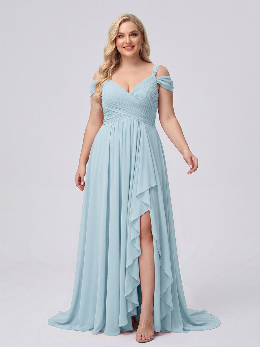 A-Line/Princess V-Neck Split Side Floor-Length Chiffon Plus Size Bridesmaid Dresses With Ruffles Light Blue