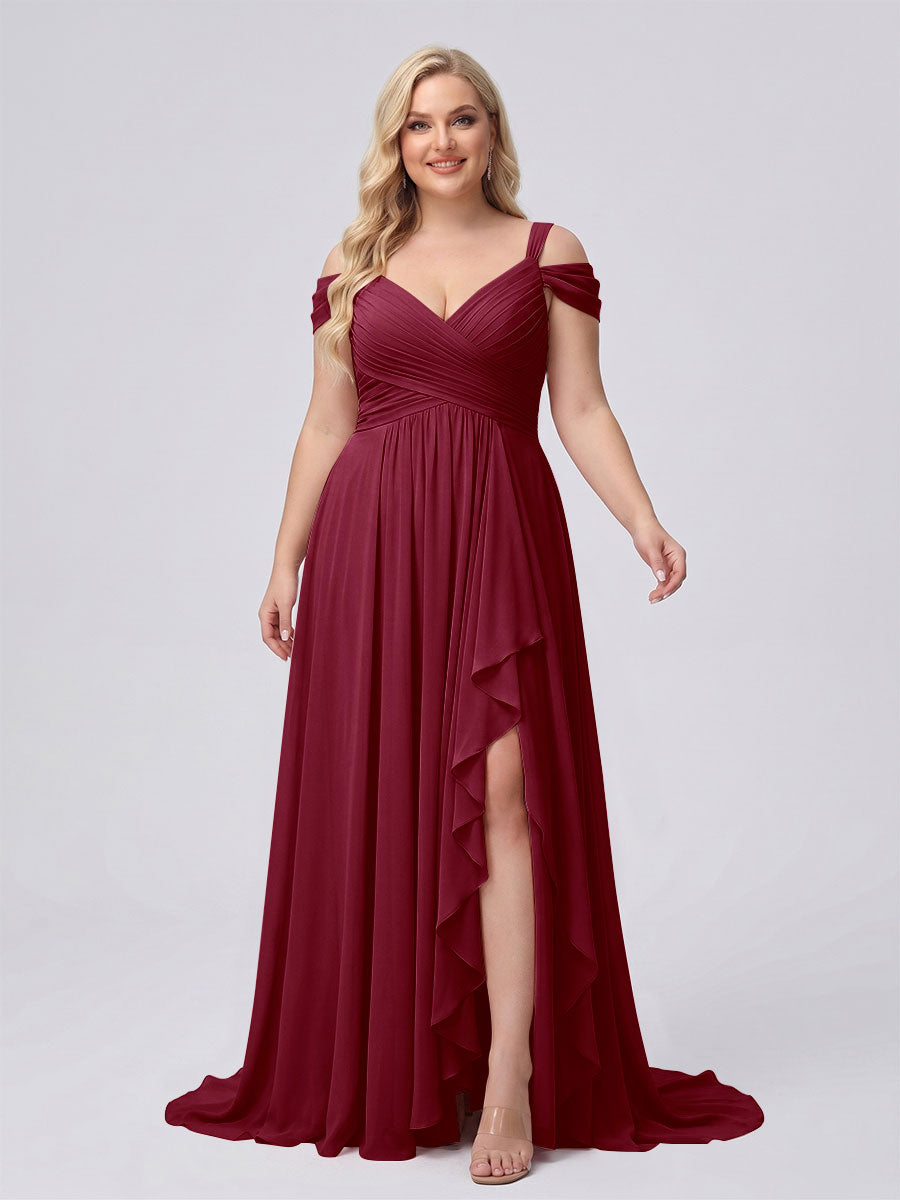 A-Line/Princess V-Neck Split Side Floor-Length Chiffon Plus Size Bridesmaid Dresses With Ruffles Light Burgundy
