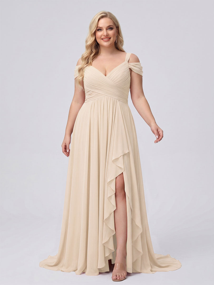 A-Line/Princess V-Neck Split Side Floor-Length Chiffon Plus Size Bridesmaid Dresses With Ruffles Light Champagne