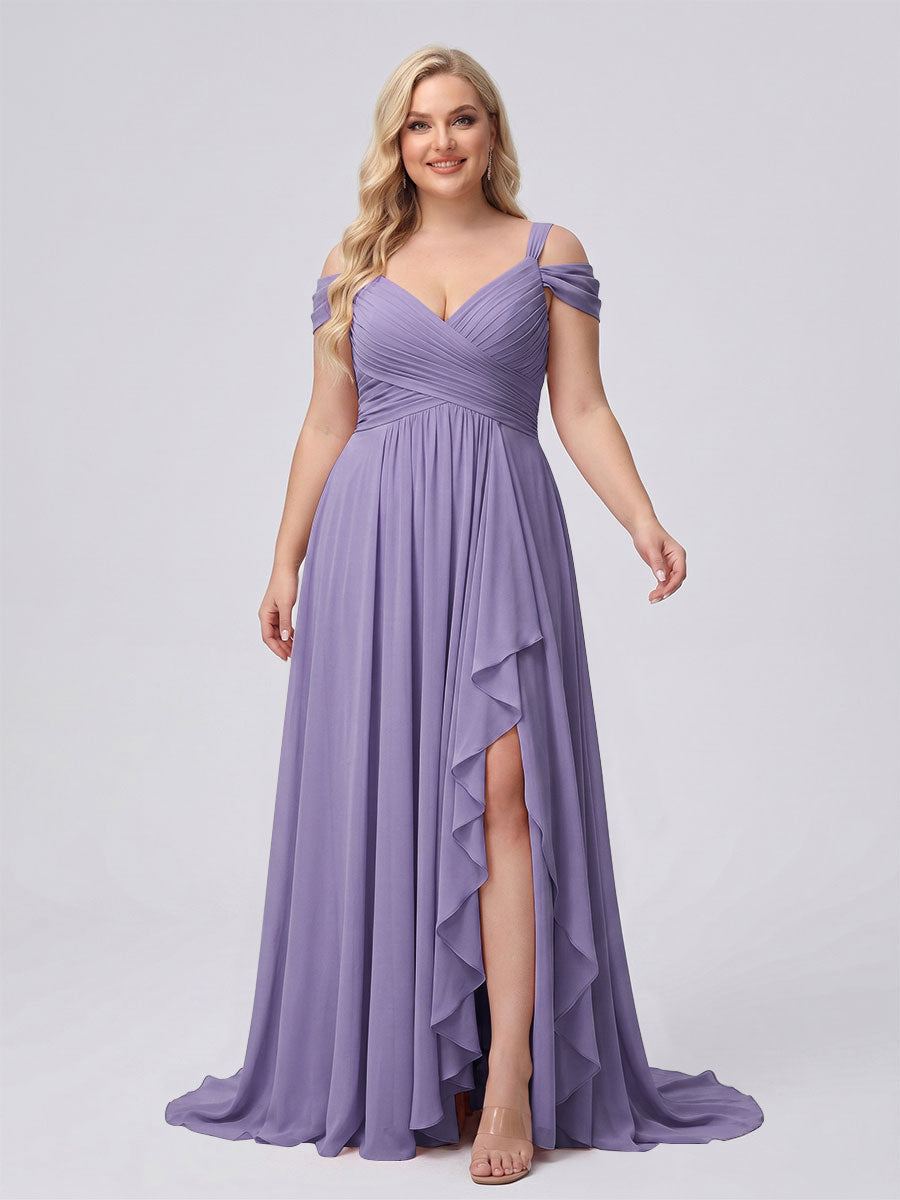 A-Line/Princess V-Neck Split Side Floor-Length Chiffon Plus Size Bridesmaid Dresses With Ruffles Light Purple