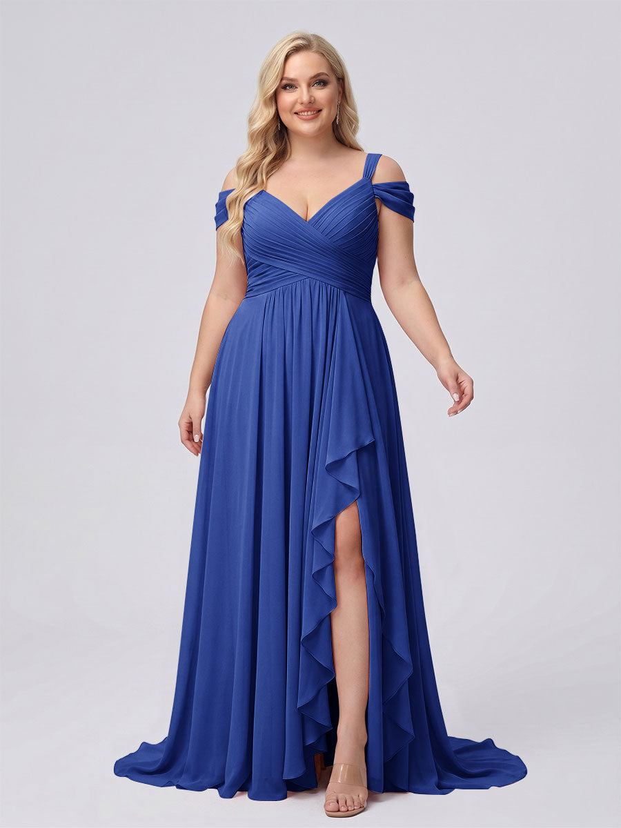 A-Line/Princess V-Neck Split Side Floor-Length Chiffon Plus Size Bridesmaid Dresses With Ruffles Light Royal Blue