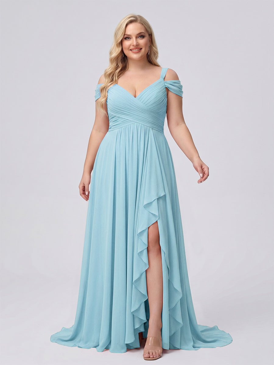 A-Line/Princess V-Neck Split Side Floor-Length Chiffon Plus Size Bridesmaid Dresses With Ruffles Light Sky Blue