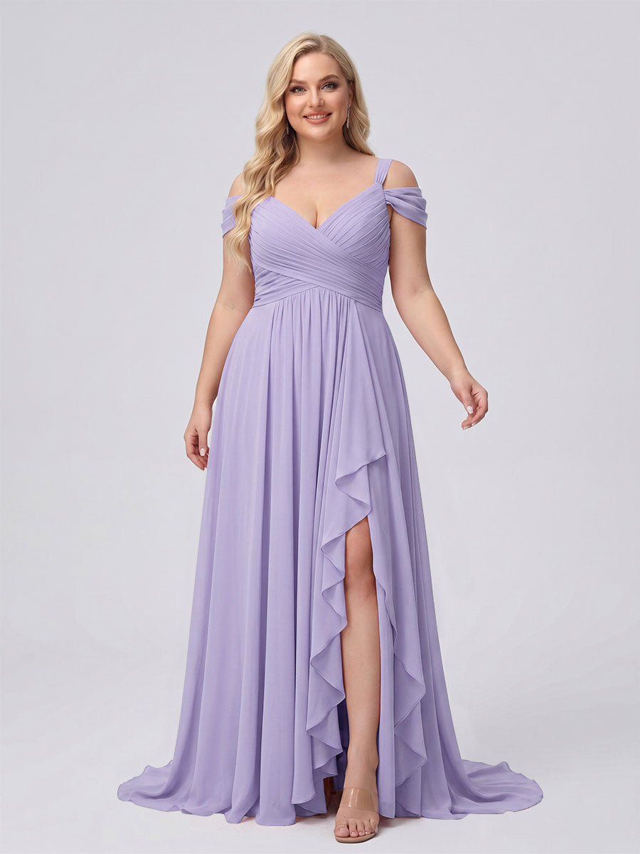 A-Line/Princess V-Neck Split Side Floor-Length Chiffon Plus Size Bridesmaid Dresses With Ruffles Lilac