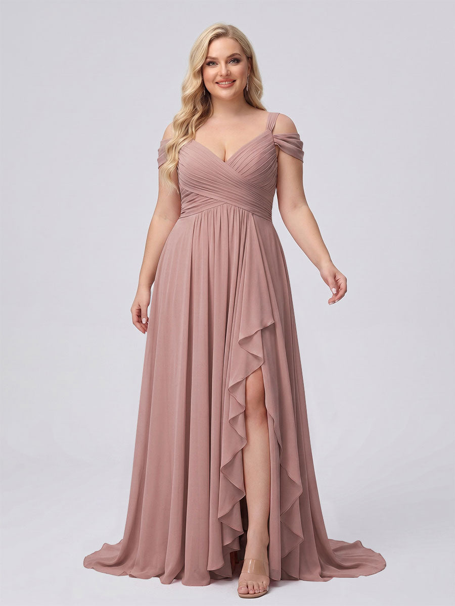 A-Line/Princess V-Neck Split Side Floor-Length Chiffon Plus Size Bridesmaid Dresses With Ruffles Mauve