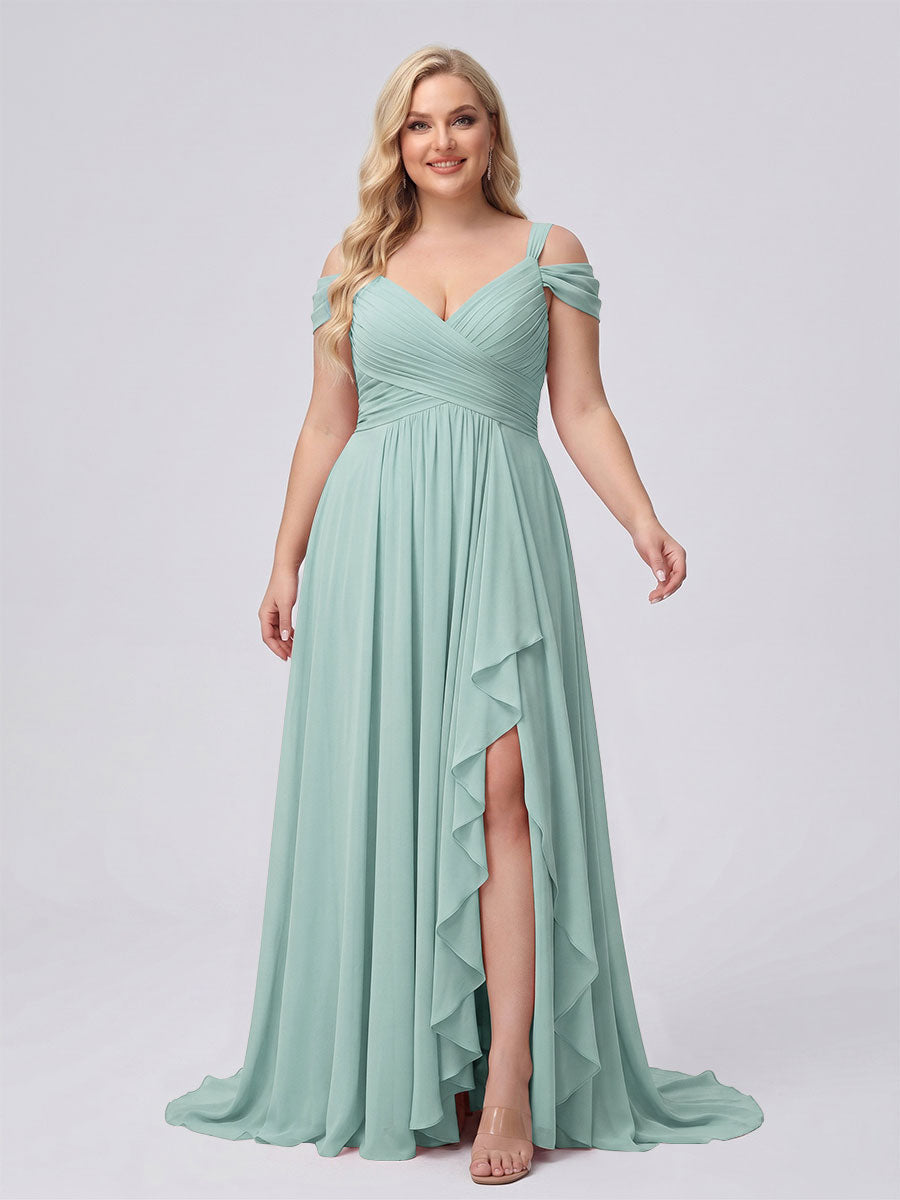 A-Line/Princess V-Neck Split Side Floor-Length Chiffon Plus Size Bridesmaid Dresses With Ruffles Mist Blue