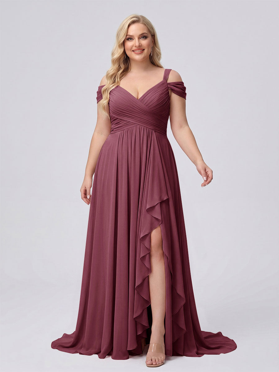 A-Line/Princess V-Neck Split Side Floor-Length Chiffon Plus Size Bridesmaid Dresses With Ruffles Mulberry