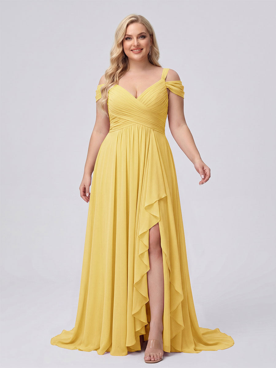 A-Line/Princess V-Neck Split Side Floor-Length Chiffon Plus Size Bridesmaid Dresses With Ruffles Mustard Yellow