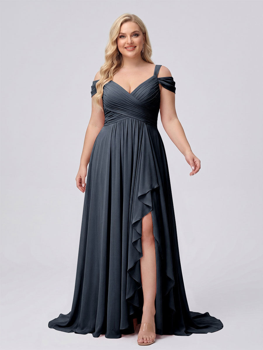 A-Line/Princess V-Neck Split Side Floor-Length Chiffon Plus Size Bridesmaid Dresses With Ruffles Navy Blue