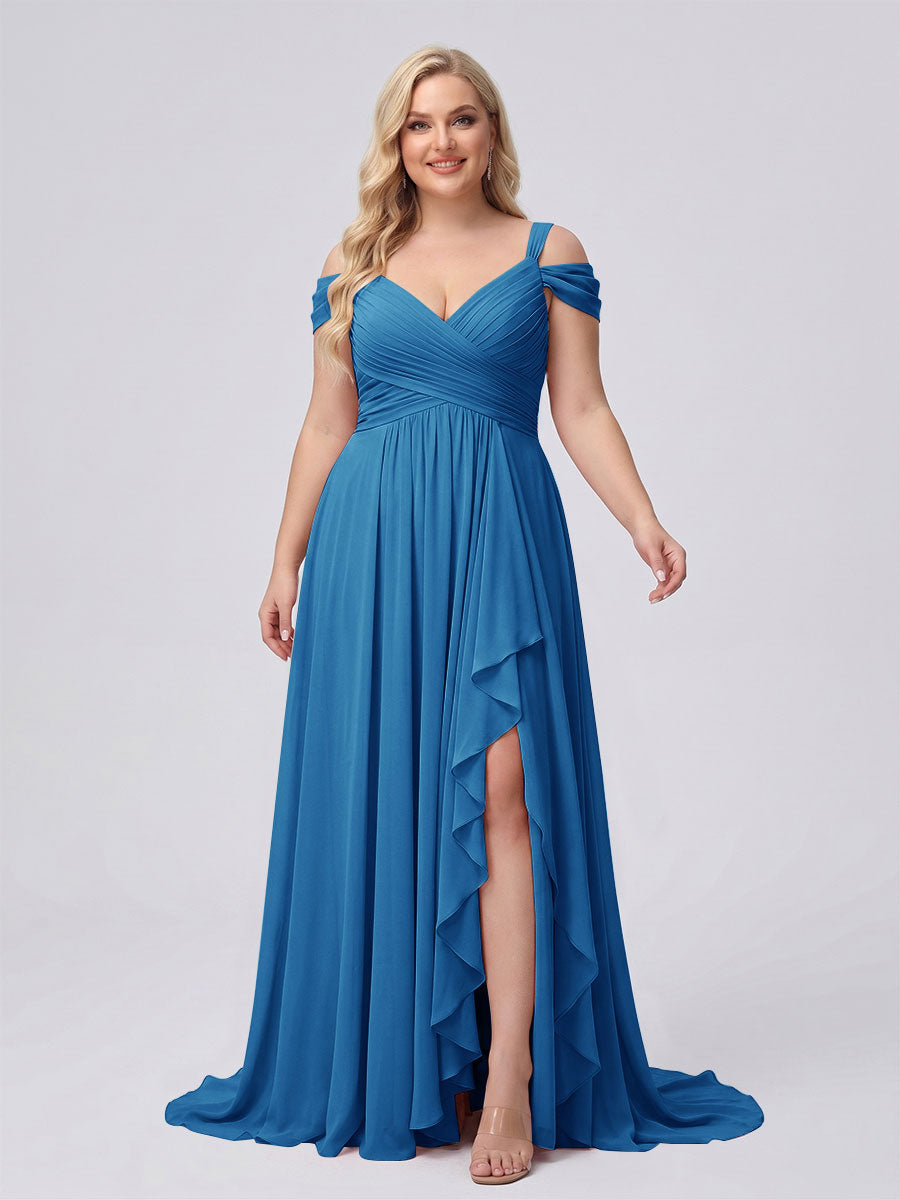 A-Line/Princess V-Neck Split Side Floor-Length Chiffon Plus Size Bridesmaid Dresses With Ruffles Ocean Blue
