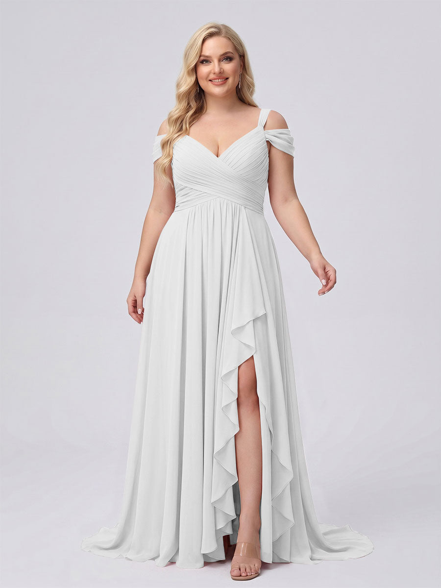 A-Line/Princess V-Neck Split Side Floor-Length Chiffon Plus Size Bridesmaid Dresses With Ruffles Off White