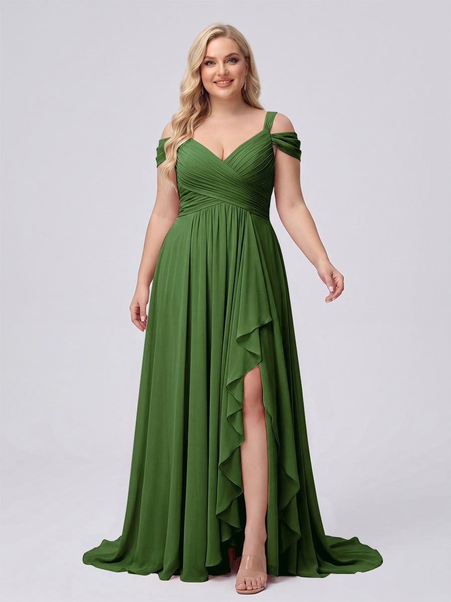 A-Line/Princess V-Neck Split Side Floor-Length Chiffon Plus Size Bridesmaid Dresses With Ruffles Olive Green