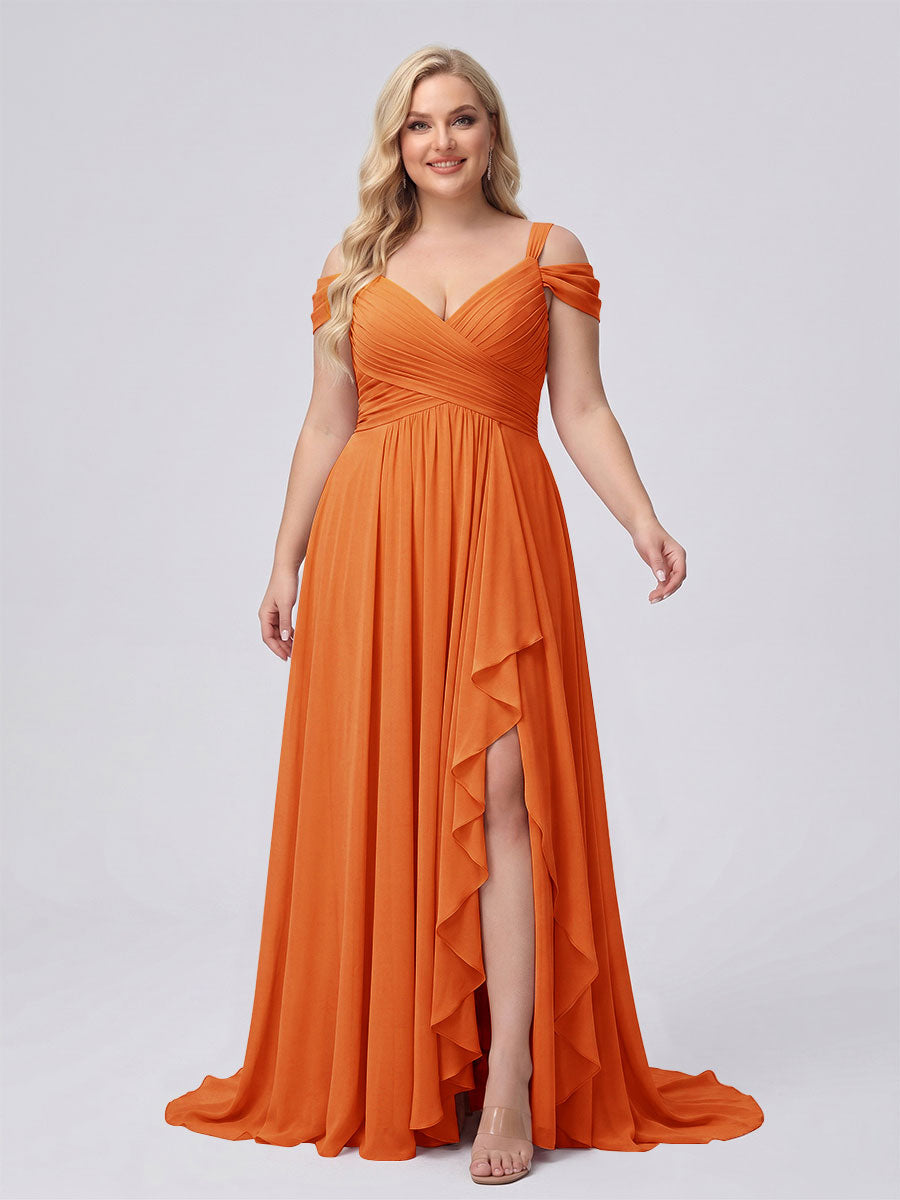 A-Line/Princess V-Neck Split Side Floor-Length Chiffon Plus Size Bridesmaid Dresses With Ruffles Orange
