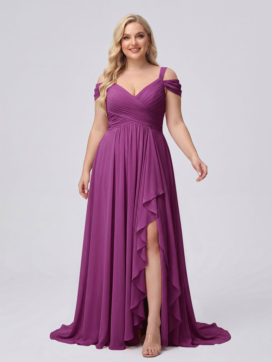 A-Line/Princess V-Neck Split Side Floor-Length Chiffon Plus Size Bridesmaid Dresses With Ruffles Orchid