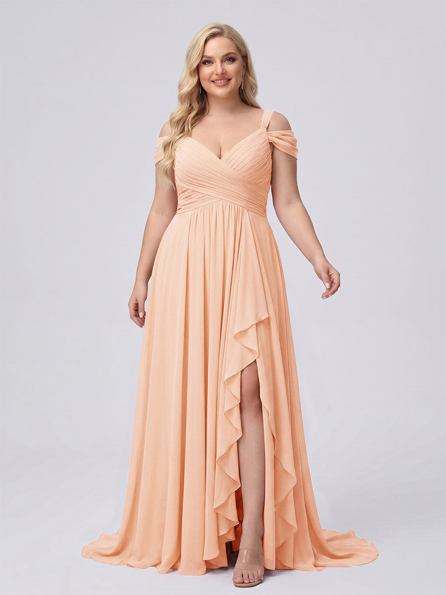 A-Line/Princess V-Neck Split Side Floor-Length Chiffon Plus Size Bridesmaid Dresses With Ruffles Peach Pink
