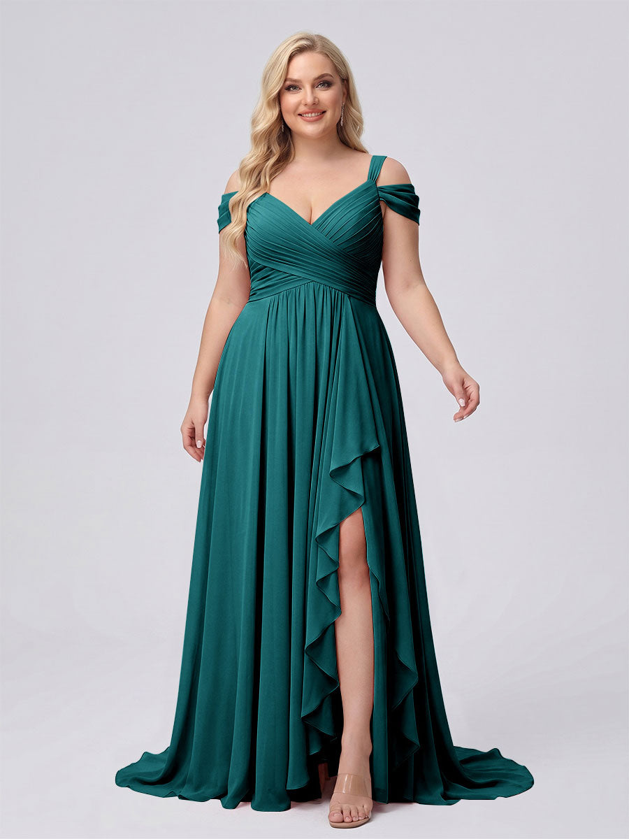A-Line/Princess V-Neck Split Side Floor-Length Chiffon Plus Size Bridesmaid Dresses With Ruffles Peacock