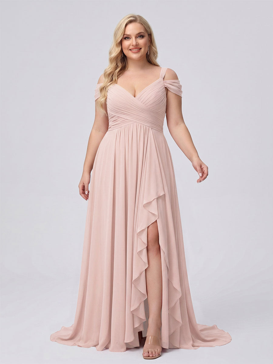 A-Line/Princess V-Neck Split Side Floor-Length Chiffon Plus Size Bridesmaid Dresses With Ruffles Pearl Pink