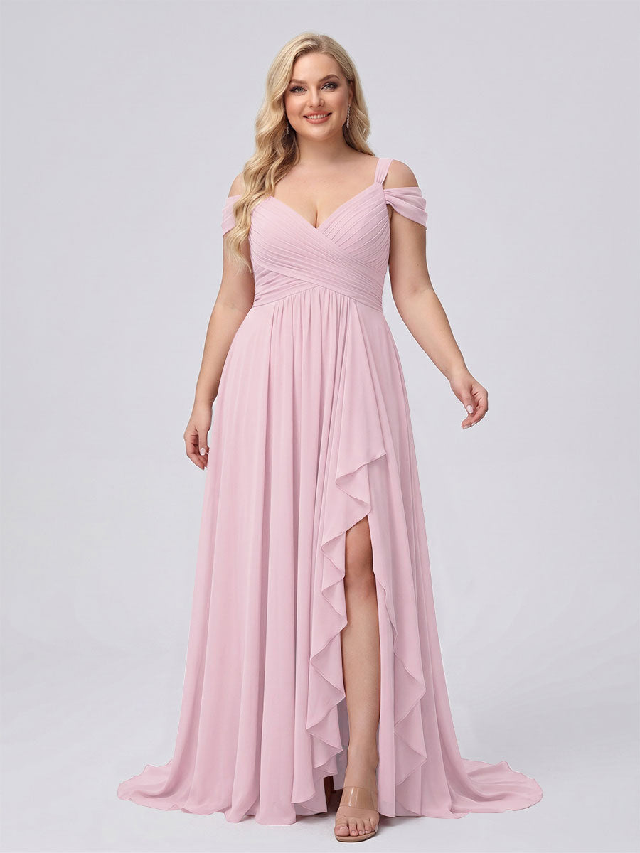 A-Line/Princess V-Neck Split Side Floor-Length Chiffon Plus Size Bridesmaid Dresses With Ruffles Pink