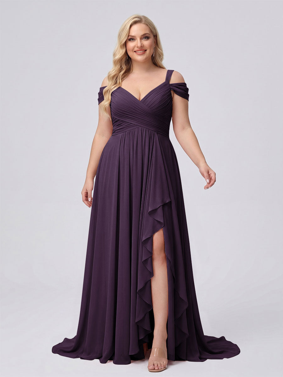 A-Line/Princess V-Neck Split Side Floor-Length Chiffon Plus Size Bridesmaid Dresses With Ruffles Plum