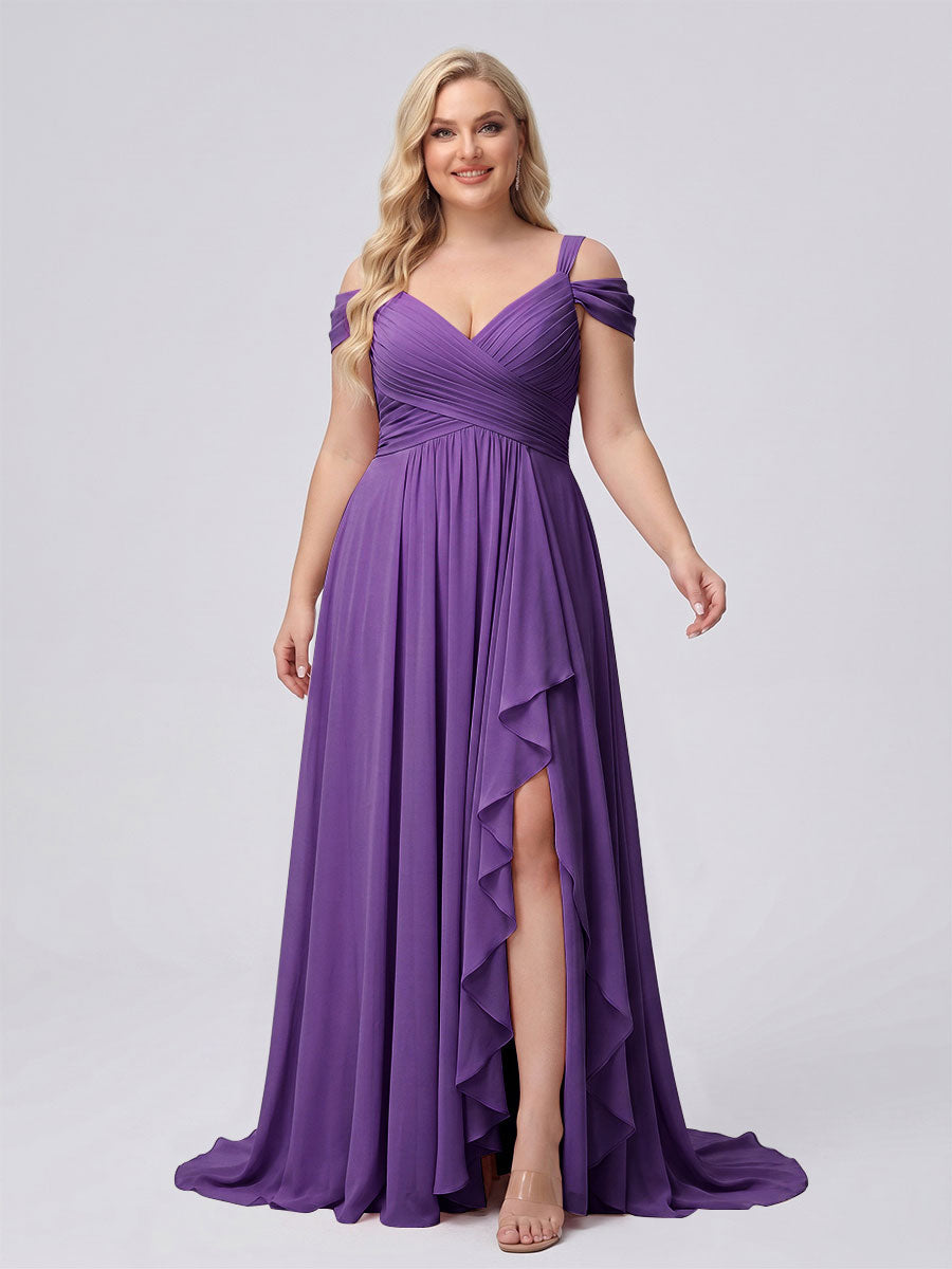 A-Line/Princess V-Neck Split Side Floor-Length Chiffon Plus Size Bridesmaid Dresses With Ruffles Purple