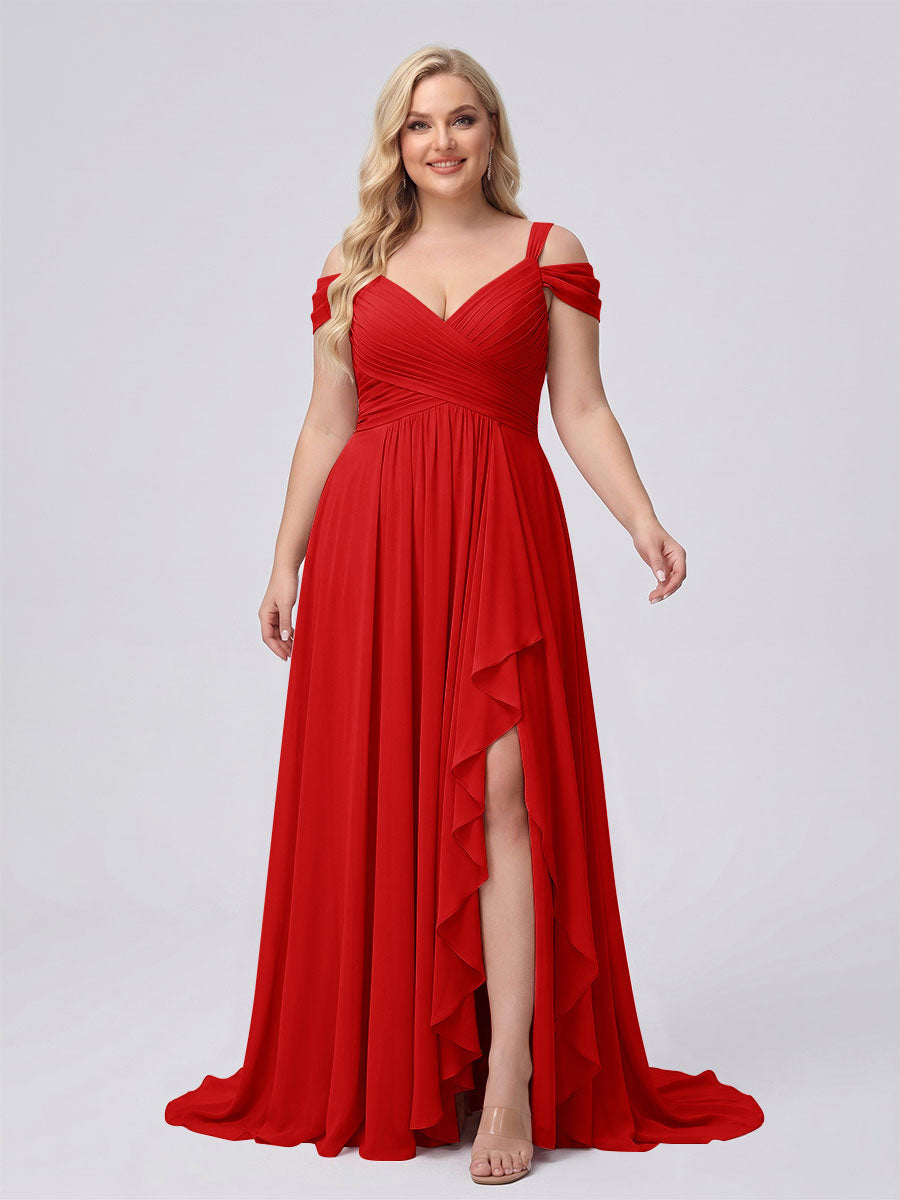 A-Line/Princess V-Neck Split Side Floor-Length Chiffon Plus Size Bridesmaid Dresses With Ruffles Red