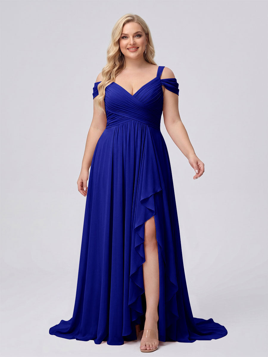 A-Line/Princess V-Neck Split Side Floor-Length Chiffon Plus Size Bridesmaid Dresses With Ruffles Royal Blue