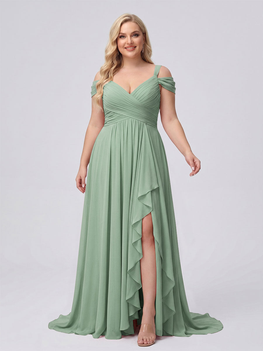 A-Line/Princess V-Neck Split Side Floor-Length Chiffon Plus Size Bridesmaid Dresses With Ruffles Sage