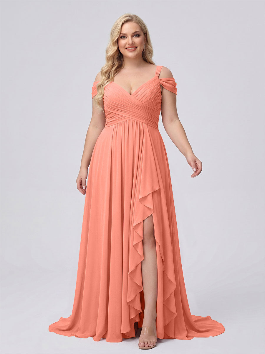 A-Line/Princess V-Neck Split Side Floor-Length Chiffon Plus Size Bridesmaid Dresses With Ruffles Salmon