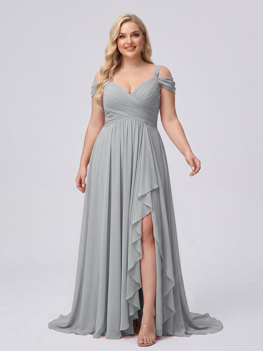 A-Line/Princess V-Neck Split Side Floor-Length Chiffon Plus Size Bridesmaid Dresses With Ruffles Silver