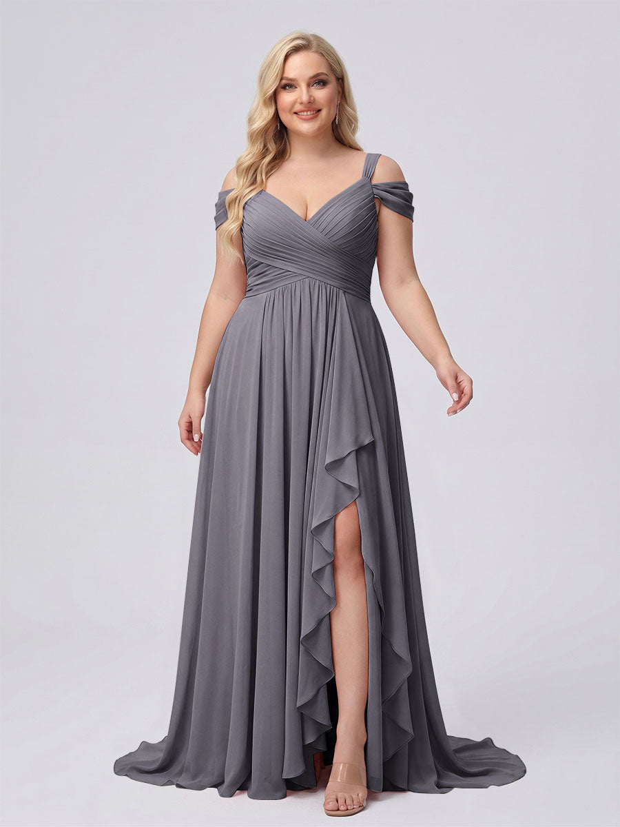 A-Line/Princess V-Neck Split Side Floor-Length Chiffon Plus Size Bridesmaid Dresses With Ruffles Silver Gray