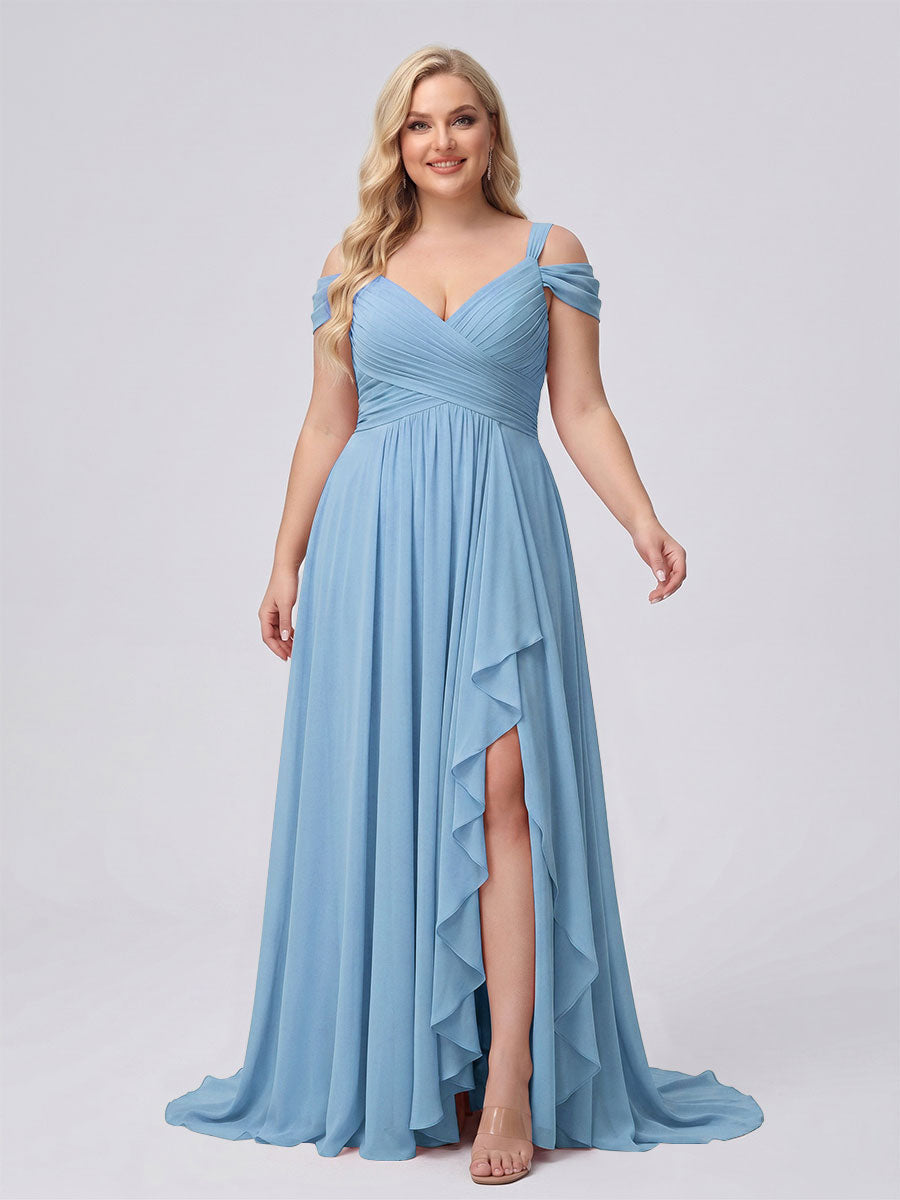 A-Line/Princess V-Neck Split Side Floor-Length Chiffon Plus Size Bridesmaid Dresses With Ruffles Sky Blue