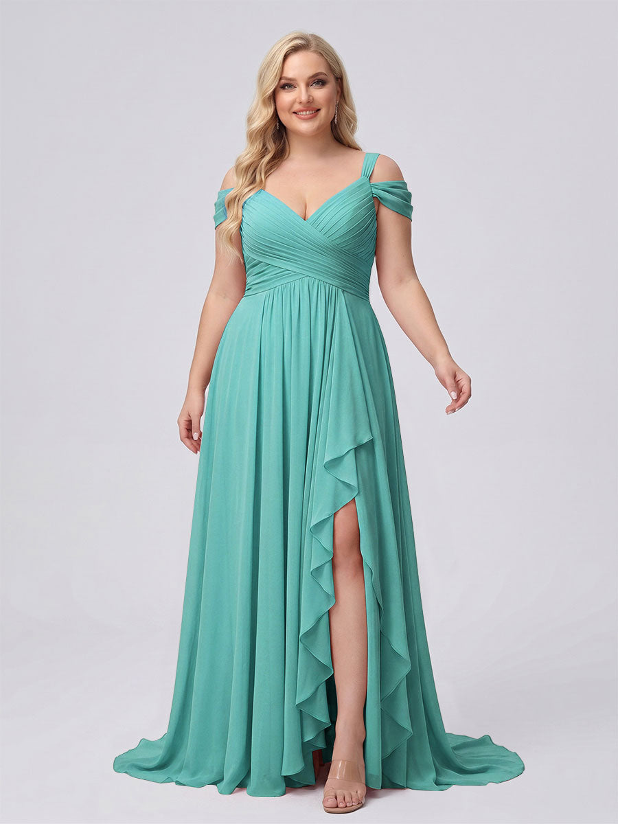 A-Line/Princess V-Neck Split Side Floor-Length Chiffon Plus Size Bridesmaid Dresses With Ruffles Spa