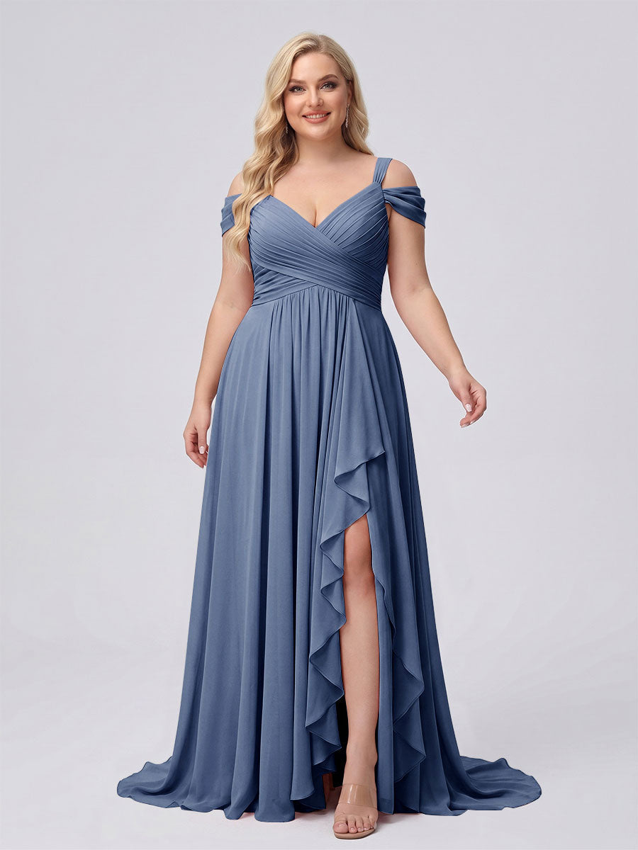 A-Line/Princess V-Neck Split Side Floor-Length Chiffon Plus Size Bridesmaid Dresses With Ruffles Steel Blue