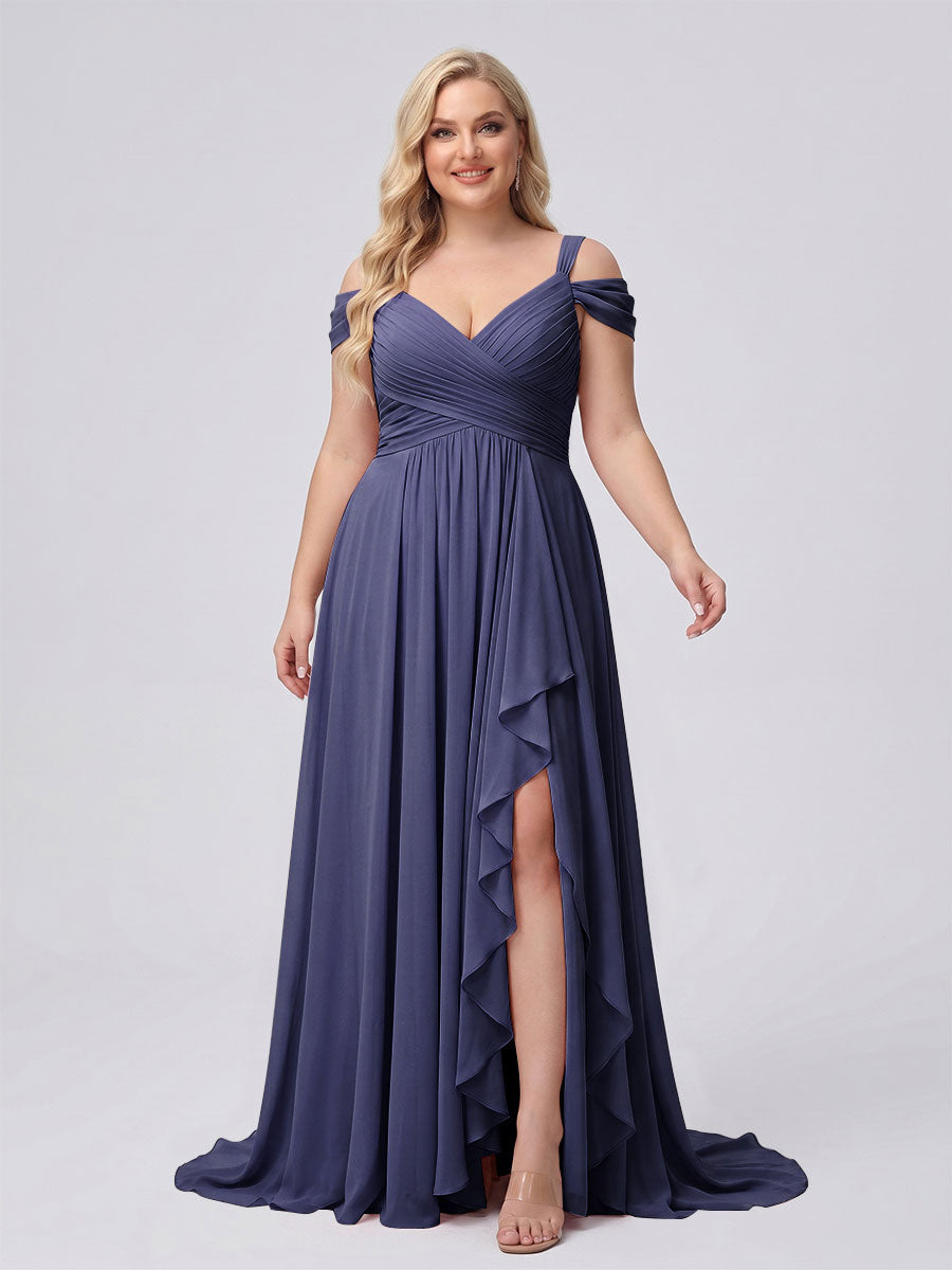 A-Line/Princess V-Neck Split Side Floor-Length Chiffon Plus Size Bridesmaid Dresses With Ruffles Stormy Blue
