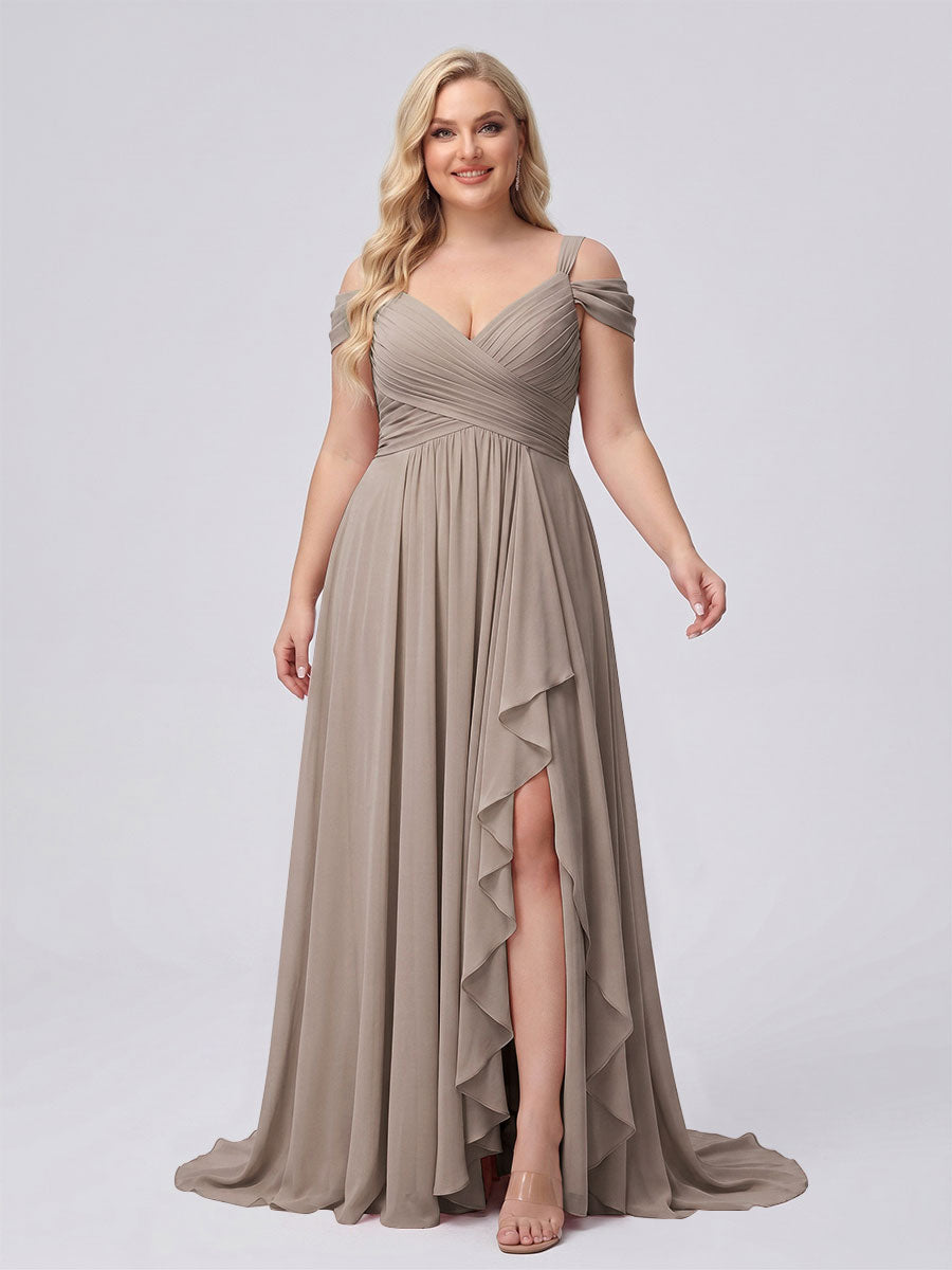 A-Line/Princess V-Neck Split Side Floor-Length Chiffon Plus Size Bridesmaid Dresses With Ruffles Taupe