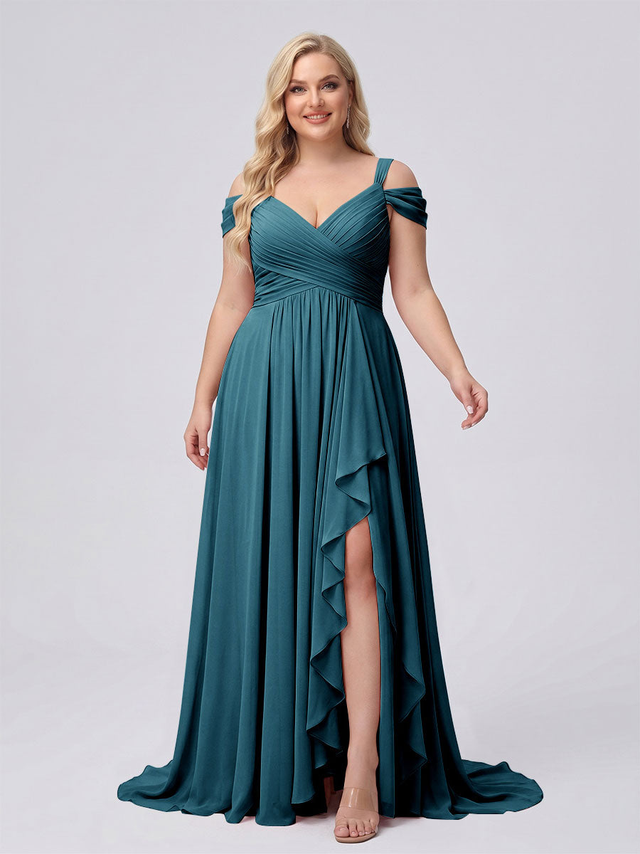 A-Line/Princess V-Neck Split Side Floor-Length Chiffon Plus Size Bridesmaid Dresses With Ruffles Teal