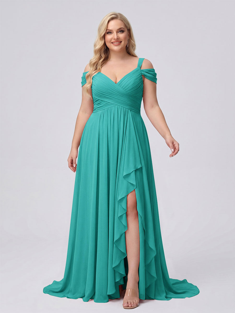 A-Line/Princess V-Neck Split Side Floor-Length Chiffon Plus Size Bridesmaid Dresses With Ruffles Turquoise