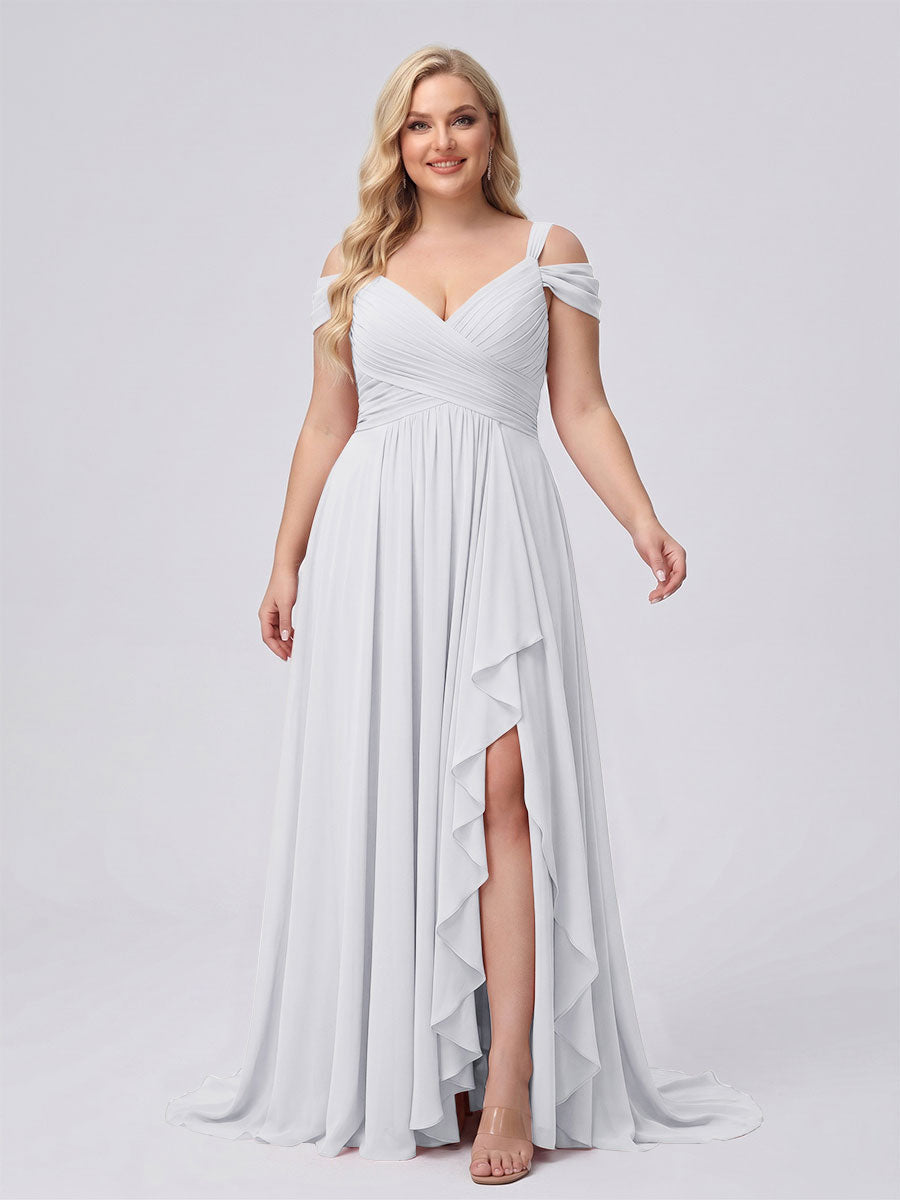 A-Line/Princess V-Neck Split Side Floor-Length Chiffon Plus Size Bridesmaid Dresses With Ruffles White