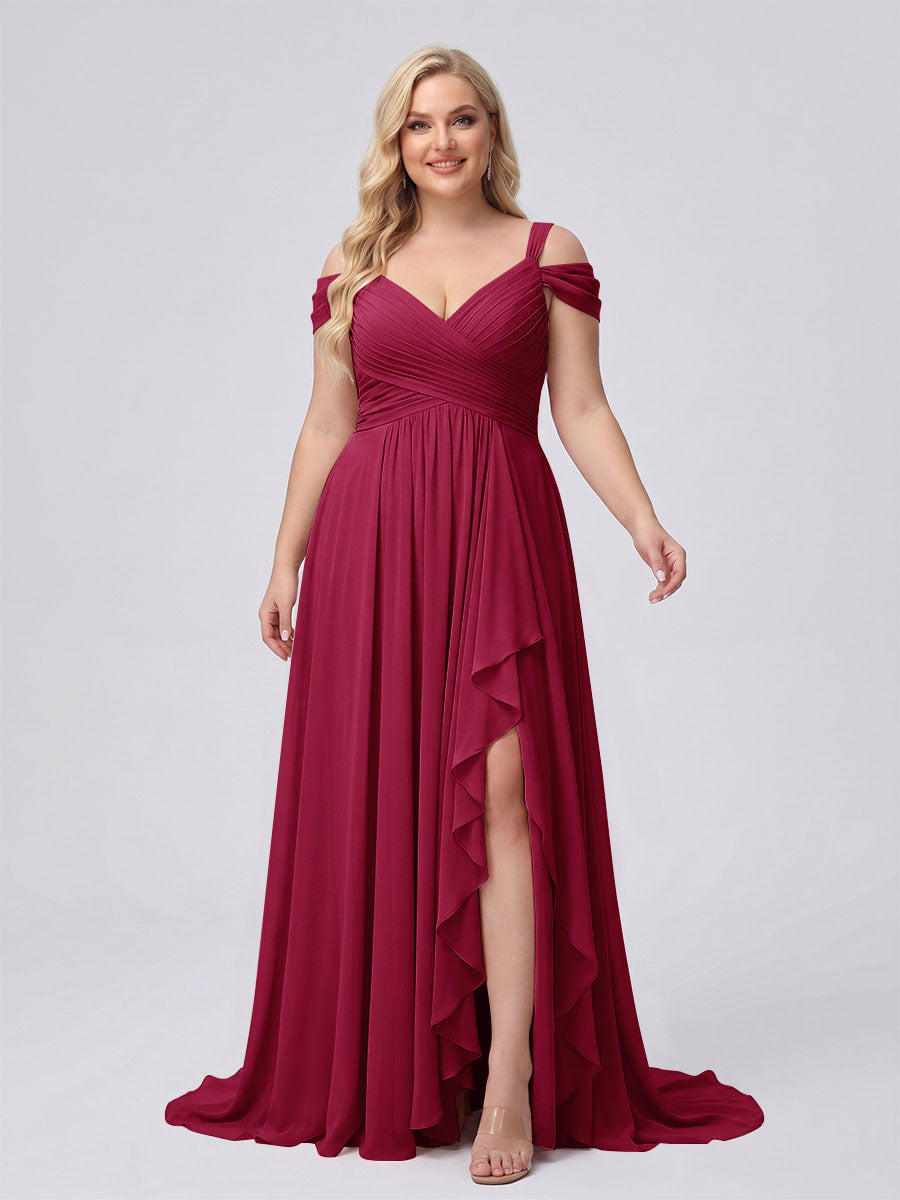 A-Line/Princess V-Neck Split Side Floor-Length Chiffon Plus Size Bridesmaid Dresses With Ruffles Wine Red