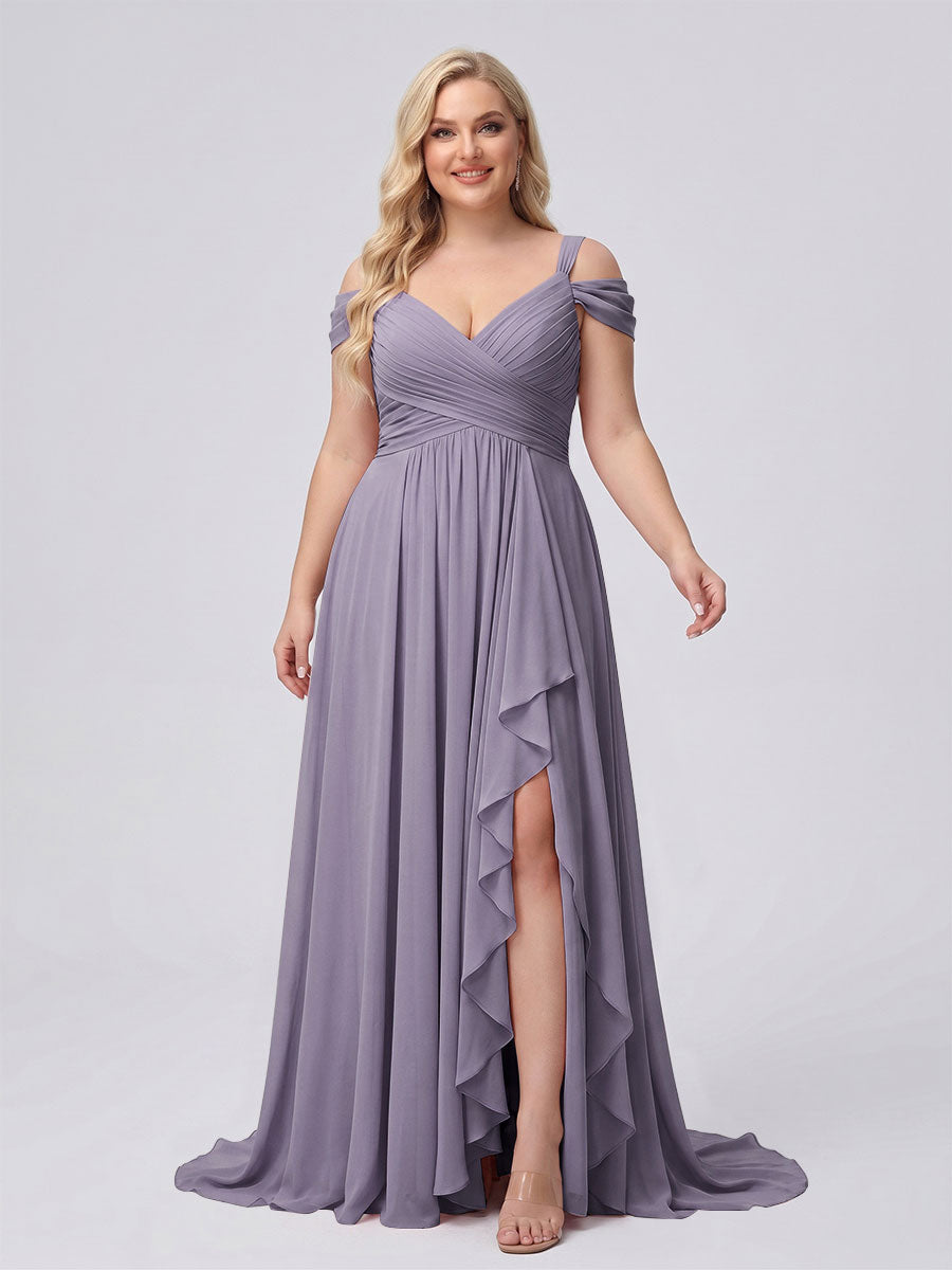 A-Line/Princess V-Neck Split Side Floor-Length Chiffon Plus Size Bridesmaid Dresses With Ruffles Wisteria