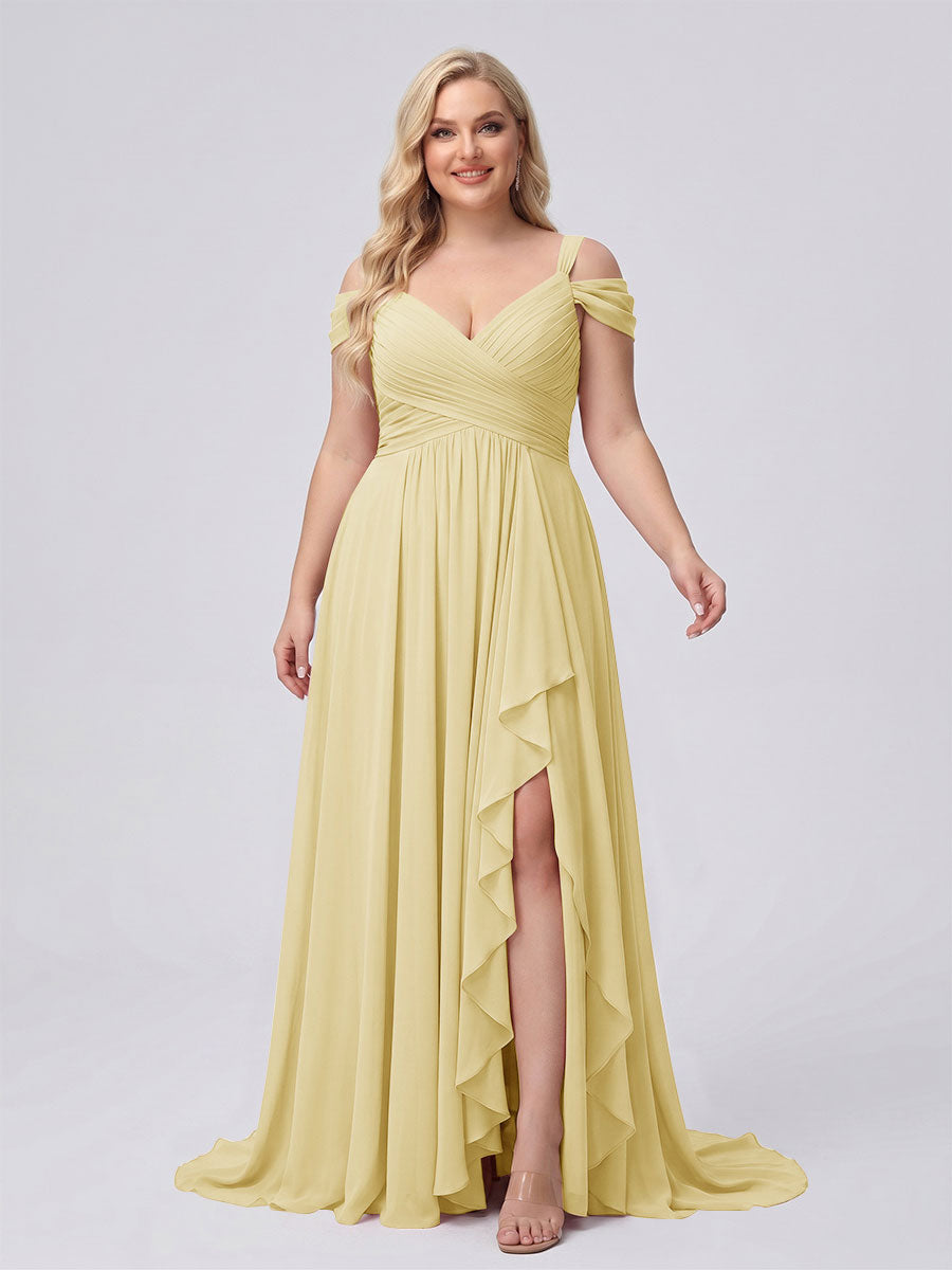 A-Line/Princess V-Neck Split Side Floor-Length Chiffon Plus Size Bridesmaid Dresses With Ruffles Yellow