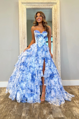 A Line Prom Dress Blue Sweetheart Corset Floral Tiered Long Formal Dress