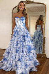 A Line Prom Dress Blue Sweetheart Corset Floral Tiered Long Formal Dress