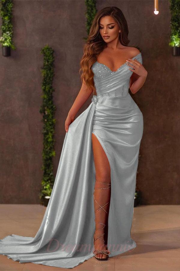 Amazing Red Mermaid Prom Dress Off The Shoulder With Slit Detachable Skirt