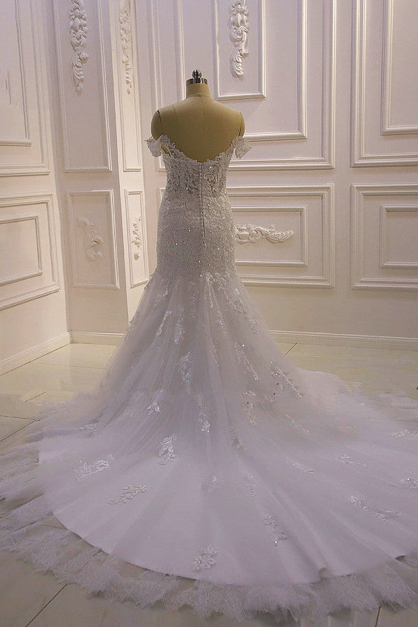 Amazing White 3D Lace Appliques Off The Shoulder Mermaid Tulle Wedding Dress