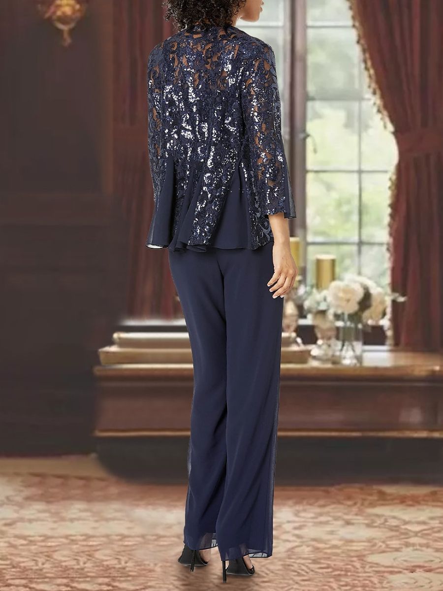 Ankle-Length 3-Piece Chiffon Pantsuit With Square Neck And Applique For Mother Of The Bride