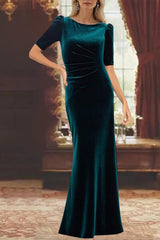 Ankle-Length A-Line Princess Scoop Neck Mother of the Bride Dress with Half Sleeves and Ruffles